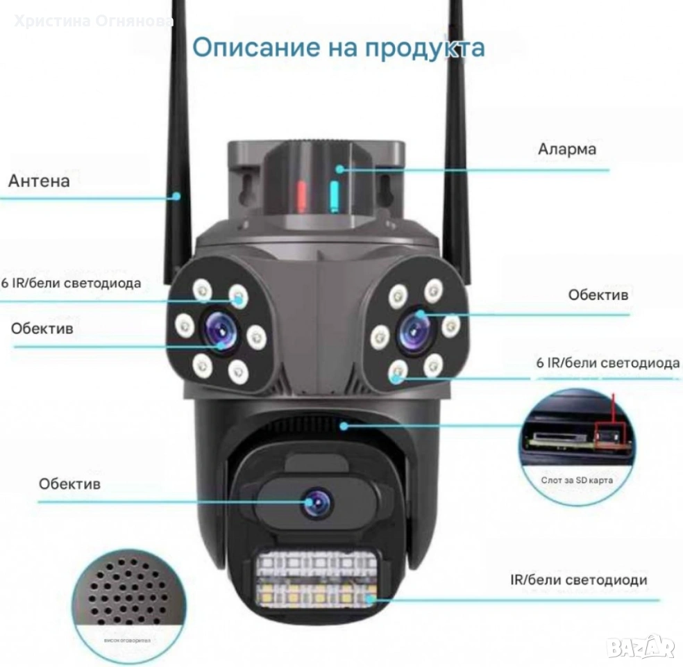 Тройна външна WiFi камера 9MP с аларма, 24 диода, iCSee, 64GB памет, снимка 1
