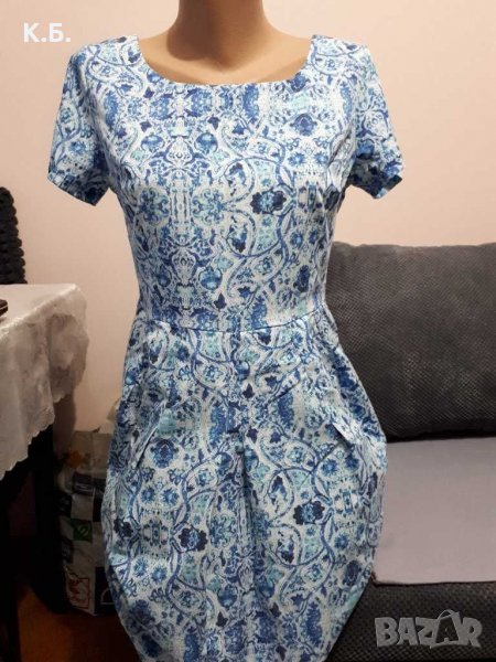 Елегантна лятна рокля с флорален принт в бяло и синьо р-р L, снимка 1