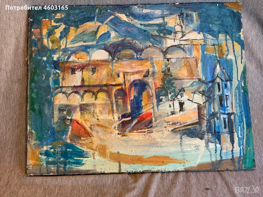 стара картина градски пейзаж , снимка 1