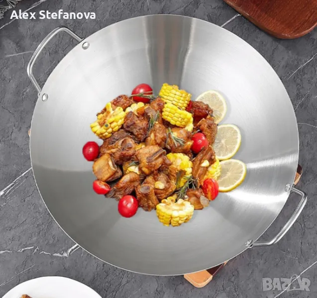 Желязна уок тенджера с двойни уши от неръждаема стомана с кръгло дъно, снимка 1