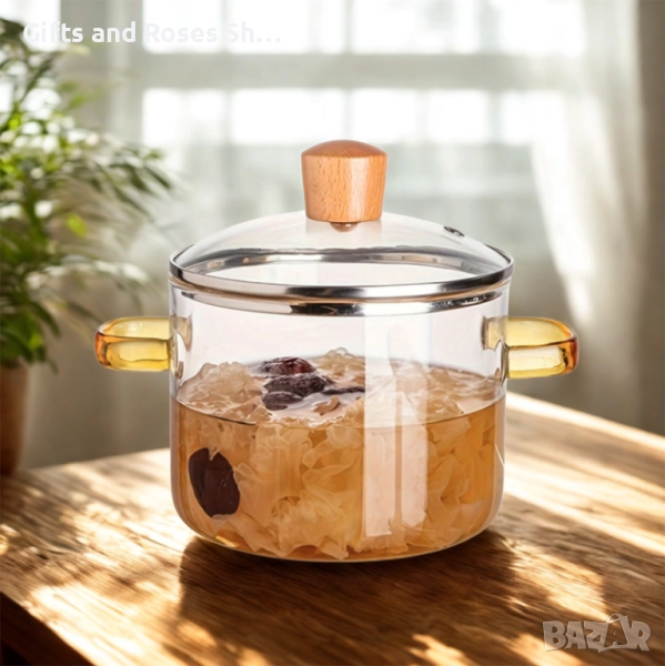 Стъклена тенджера 1,8 л с кехлибарени дръжки, снимка 1