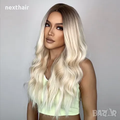 Висококачествена светло руса чуплива перука с тъмни корени на път, снимка 3 - Аксесоари за коса - 50101540