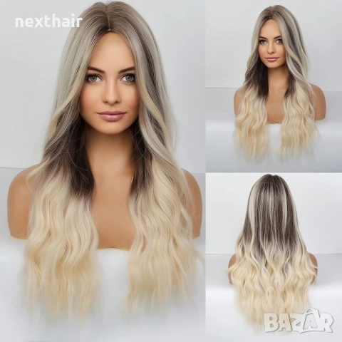 Красива руса вълнообразна перука с черни и кафяви акценти балеаж кичури, снимка 4 - Аксесоари за коса - 52460217