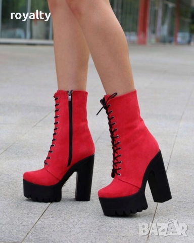 Боти на ток - червен велур с черно ходило, снимка 4 - Дамски боти - 52163285