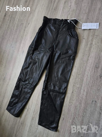 Нов чер кожен панталон с ластик на намаление, снимка 4 - Панталони - 53439195