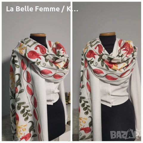 Кашмирен шал декориран с бродерия, снимка 2 - Шалове - 52406904