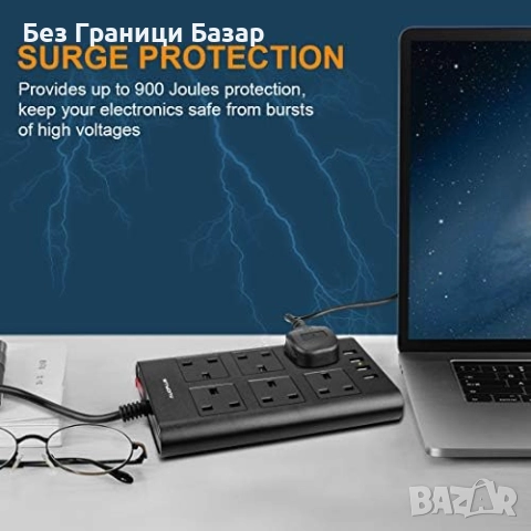 Нов UK Мултиразклонител 6 AC + 4 USB, защита от пренапрежение, 2 мeтра кабел, снимка 5 - Друга електроника - 52464188
