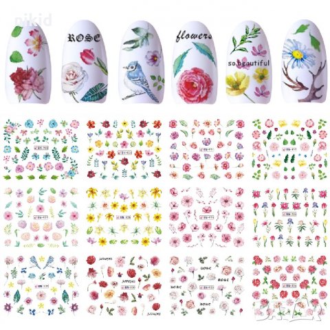 лист 12 в 1 микс цветя слайдер татос ваденки водни стикери за нокти маникюр