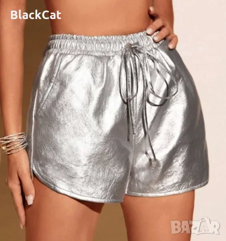 Сребристи Кожени Къси Панталони, снимка 2 - Къси панталони и бермуди - 48985453