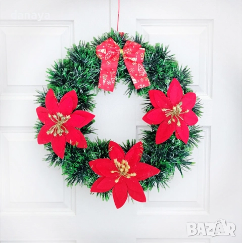 6134 Коледен венец за врата с червени цветя и панделка, 27 см