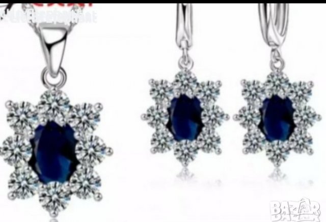 Сребърно колие с ланче цвете с кристал,dark blue/Ср.вис обеци цветя с кристали,dark blue/нови