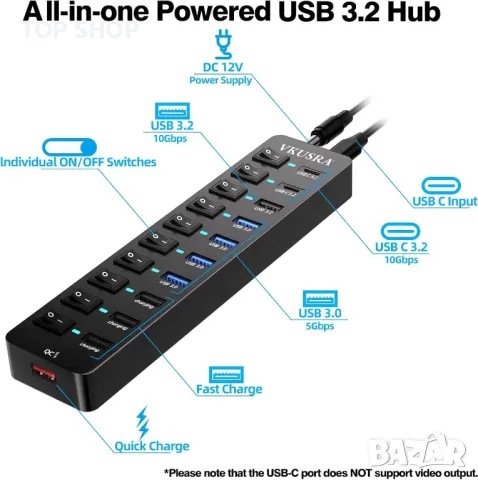 Захранван USB хъб, VKUSRA 11-портов USB 3.2/USB C хъб с 10Gbps USB-A и 2 USB C 3.2 порта