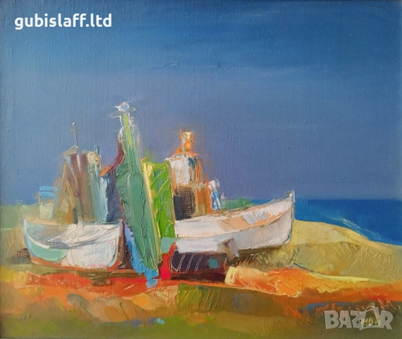 Картина, бряг, лодки, море, худ. СМД, 1993 г., снимка 2 - Картини - 51704754
