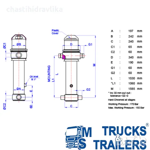 Хидравличен цилиндър HIDROMAS GHS 175 X 5 X 6200 H 43175562006 short, снимка 2 - Части - 48295875