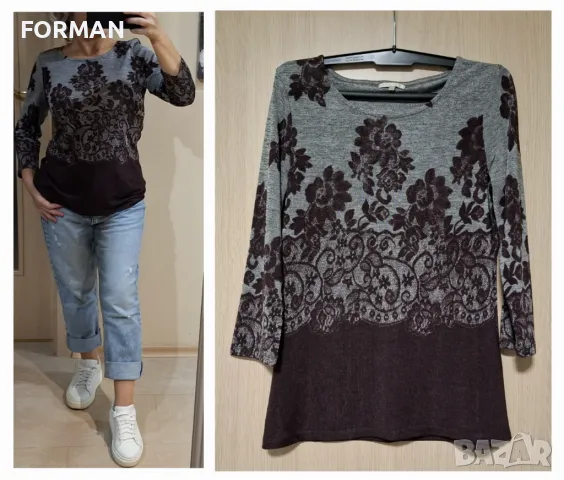 Красива блуза с лъскав ефект в сиво-бордо щампа, снимка 1