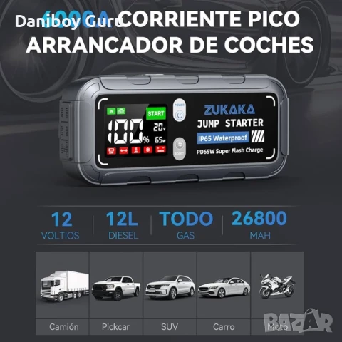ZUKAKA 6000A Стартер за кола, 26800mAh, 12V (бензин и дизел), преносим с бързо зареждане 65W, снимка 3 - Аксесоари и консумативи - 50653873