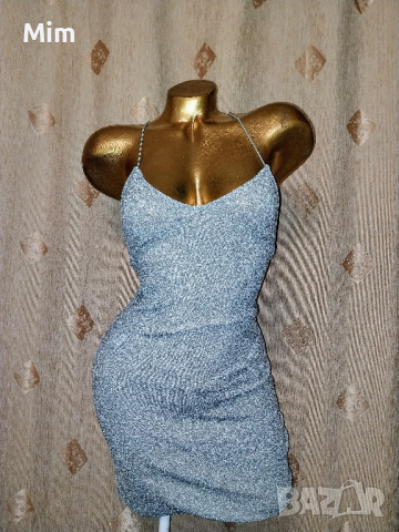 Н&М S Къса рокля от сребрист брокат , снимка 3 - Рокли - 44889458