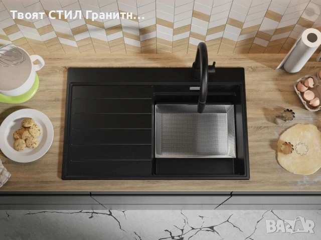 Черна гранитна кухненска мивка Сидни 780-45 Ergo Multilevel 780х500, снимка 3 - Мивки - 51204843
