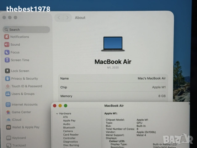 MacBook Air M1 SPG`8 CPU/7 GPU/512GB SSD/8GB RAM/Бат 100%/Като Нов, снимка 5 - Лаптопи за работа - 53386381