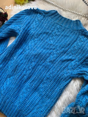Син италиански пуловер с лъскави нишки, снимка 3 - Блузи с дълъг ръкав и пуловери - 43559580