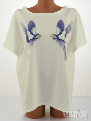 Памучна дамска блуза в екрю със син принт марка La Aurora 2XL/3XL, снимка 2 - Тениски - 31787718