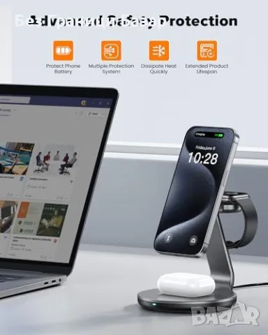 Нова 3 в 1 Магнитна зарядна станция iPhone iWatch AirPods телефон слушалки, снимка 7 - Аксесоари за Apple - 48199868