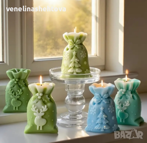 3D коледен чувал 2 модела с елха елен Силиконов молд форма за свещи гипс сапун смола , снимка 2 - Форми - 51658541