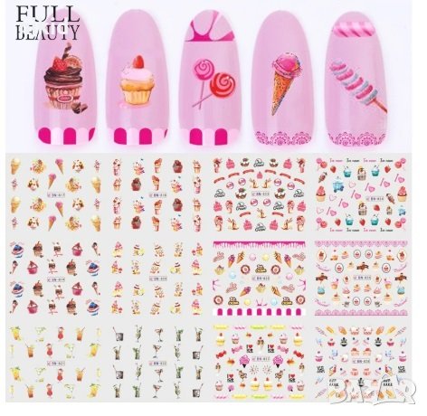 12 в 1 сет лакомства напитки слайдер татос водни стикери маникюр нокти декорация, снимка 2 - Продукти за маникюр - 26706491