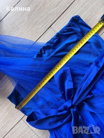 ЧИСТО НОВА Тъмно синя рокля с едно рамо от тюл, снимка 3 - Рокли - 50486336