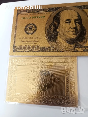 Позлатена с 24 карата злато релефна банкнота 100 долара със сертификат, снимка 2 - Нумизматика и бонистика - 51375911