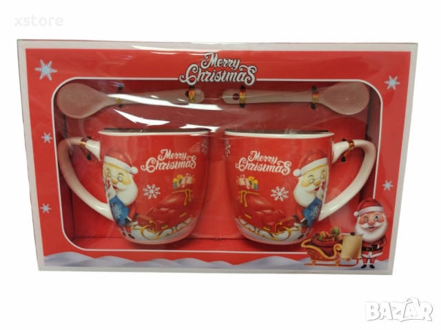 Комплект от 2 керамични чаши с лъжица, коледна тематика, опаковани в подходяща кутия, снимка 2 - Чаши - 52793256