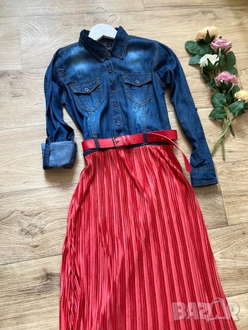 Разпродажба спешно! Нова дълга рокля дънкова + солей плисе с колан към нея , снимка 5 - Рокли - 52840892