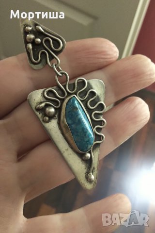  Авторски сребърни обеци с естествен тюркоаз , снимка 2 - Обеци - 22221954