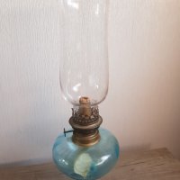 Стара газова френска настолна лампа синьо стъкло, снимка 2 - Антикварни и старинни предмети - 39052776