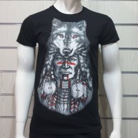 Нова мъжка тениска с трансферен печат Вълк Индианец, Серия вълци, снимка 6 - Тениски - 27554737