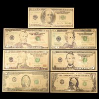 Златни долари доларови банкноти Комплект 7 бр. долара 1, 2, 5, 10, 50 и 100 златен долар златни пари, снимка 1 - Арт сувенири - 28000758