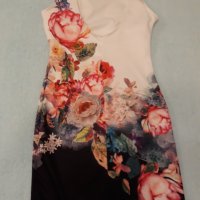 Красива рокля , еластан и трико , бяла във високата част и тъмна в долната част с принт от рози , снимка 6 - Рокли - 37258546