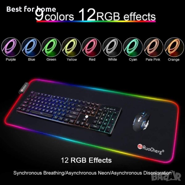 RuoCherg RGB игрална подложка за мишка 800x300,за геймъри,противоплъзгаща гумена основа и водоустойч, снимка 1