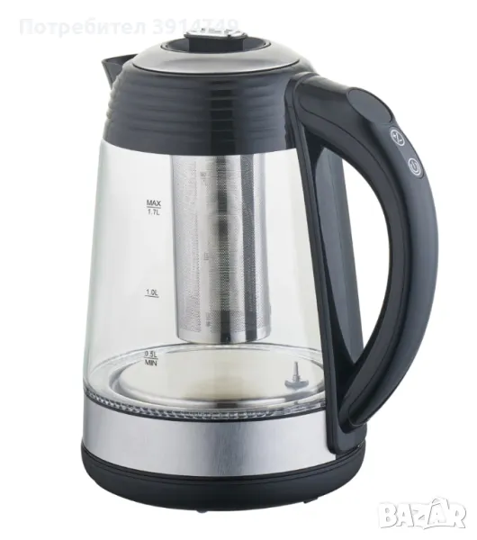 Електрическа кана, 2200W, 1.7л, температурен контрол, LED термо индикатор, стъкло / инокс, *НОВА*, снимка 1