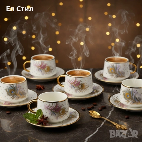 Комплект от 6 чаши с чинийки; Материал: висококачествен порцелан;Вместимост:80–90 мл;, снимка 4 - Чаши - 53586864
