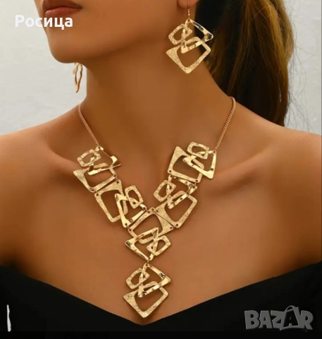 Дамски комплект колие с обеци златисти, снимка 2 - Бижутерийни комплекти - 51468690