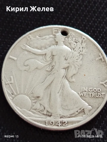 Сребърна монета половин долар 1942г. Америка продупчена за НАКИТ, НОСИЯ, КОЛЕКЦИЯ 43438, снимка 7 - Нумизматика и бонистика - 50989951