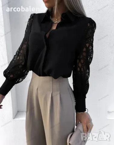 Дамска риза с дълъг ръкав с дантелен панел, 2цвята , снимка 4 - Ризи - 48426558