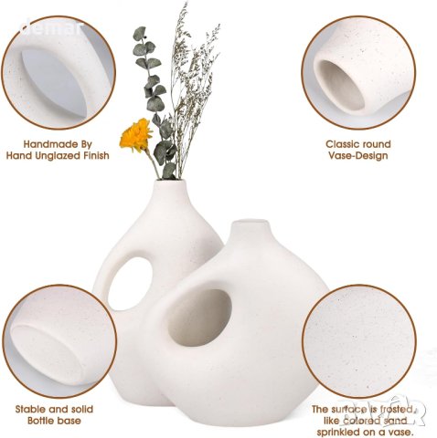 aiskding Комплект 2 ръчно изработени модерни бели керамични декоративни вази , снимка 6 - Вази - 43763734