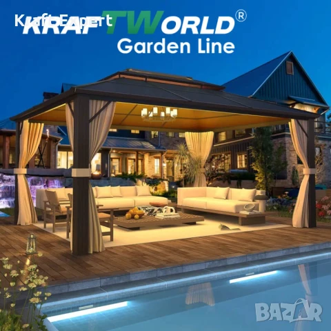 Луксозна Шатра KraftWorld Tenerife – 3×4 м с Твърд Покрив,Мрежа и Завеси, снимка 9 - Градински мебели, декорация  - 51206305