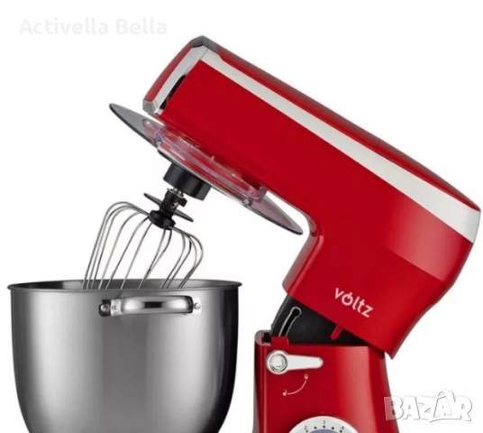 Планетарен миксер с купа от инокс Voltz, 2100W, 7.5 литра, 3 бъркалки, 6 степени + Pulse, LED, Черве, снимка 5 - Миксери - 52891358