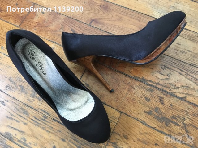 Сатенени черни официални обувки 38 с висок ток и платформа махагон, снимка 1 - Дамски обувки на ток - 27139376