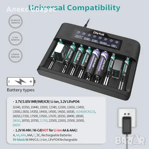 Dlyfull M8 10слота Универсално зарядно за Ni-MH Li-ion LiFePO4 AA AAA C 9V 18650 21700 батерии, снимка 8 - Друга електроника - 48978645