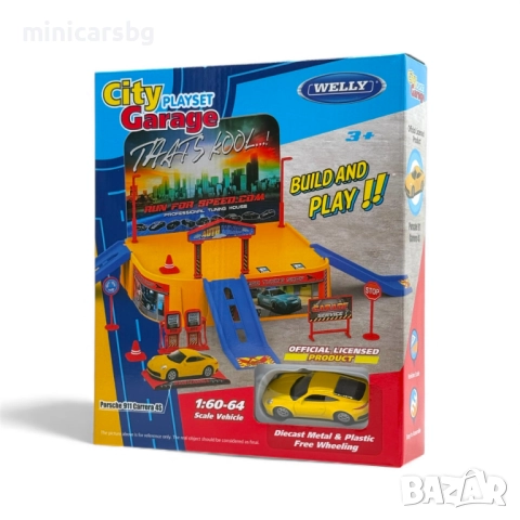 Гараж с паркинг и рампи City Playset Garage + метална количка Porsche 911 Carrera 4S Welly, снимка 3 - Колекции - 52633079