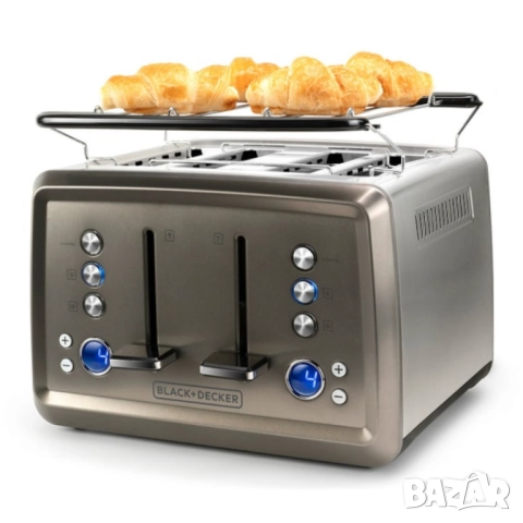 Мощен тостер Black+decker BXTO1960E - Неръждаема стомана с 4 слота, LCD дисплей и стойка за кифли, снимка 4 - Друга електроника - 52013088